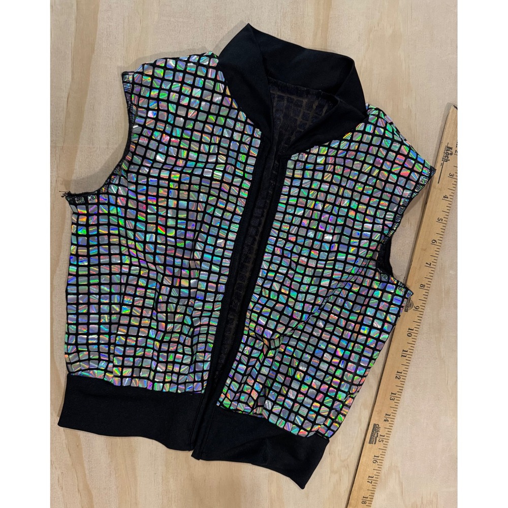 Dansco‎ Holographic Silver Grid Dance Vest Kids Large LC Stage Costume Disco